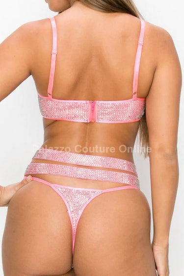 2 Pcs Rhinestone Strappy Bikini Set  (Hot Pink) - view 6
