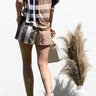 Plaid Woven Shirt Top and Short Set (Black) close up of matching top design and fabric detail