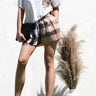 Plaid Woven Shirt Top and Short Set (Off White) front view showing complete two piece short set