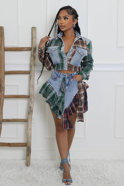 Chic and Bold Plaid Patchwork Denim Short Set