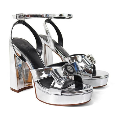 Platform Olina Tamara Cross & Bow Heels - Silver - Palazzo Couture Online