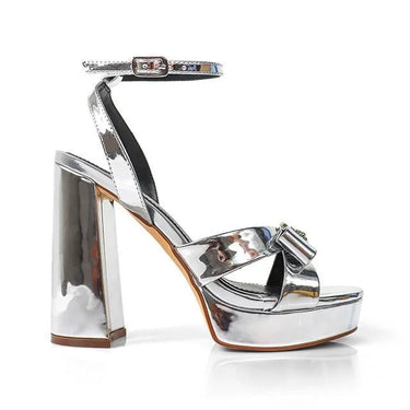 Platform Olina Tamara Cross & Bow Heels -Silver - women's statement party shoes