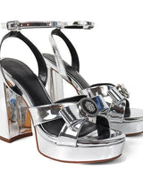 Platform Olina Tamara Cross & Bow Heels -Silver for women - stylish heels by Palazzo Couture