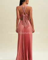 Pleated Cross Over Maxi Dress (Rose) close up detail of pleated design and fabric