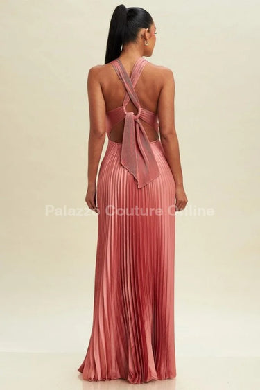 Pleated Cross Over Maxi Dress (Rose) close up detail of pleated design and fabric