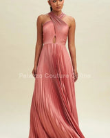 Pleated Cross Over Maxi Dress (Rose) front view showing full-length maxi silhouette