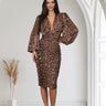 Plunge V - Neck Midi Dress — Sculpted & Elegant - Brown Multi - Palazzo Couture Online