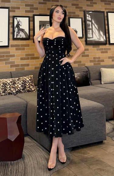 Polka Dot Tea Midi Dress - Black - Palazzo Couture Online