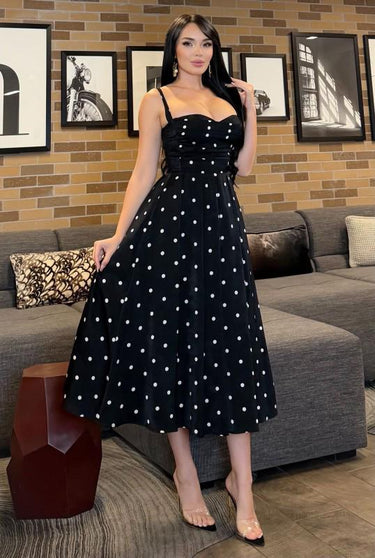 Polka Dot Tea Midi Dress - Black - Palazzo Couture Online