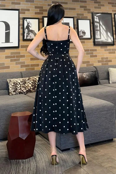 Women's Black midi dress polka dot style back view