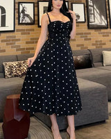 Polka Dot Tea Midi Dress - Black front view showing full midi length silhouette