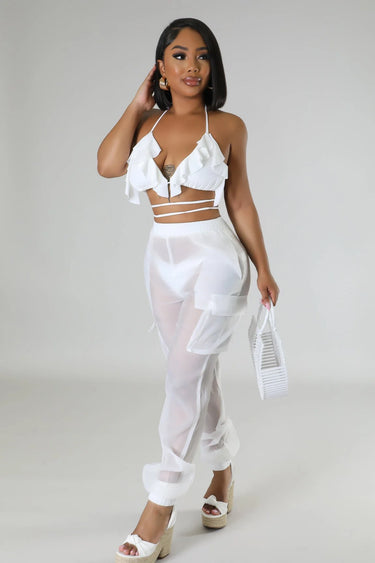 Poolside Days Sheer Cargo Pants – White High-Waisted Organza Style - view 2