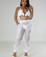 Poolside Days Sheer Cargo Pants – White High-Waisted Organza Style - view 3