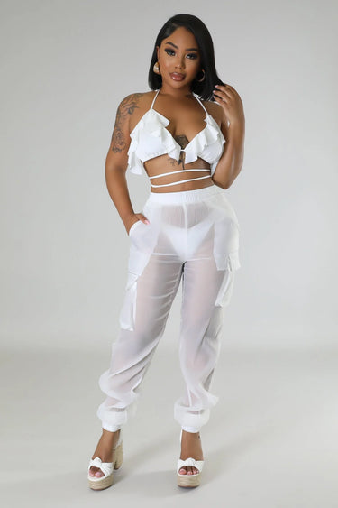 Poolside Days Sheer Cargo Pants – White High-Waisted Organza Style - view 3