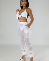 Poolside Days Sheer Cargo Pants – White High-Waisted Organza Style - view 4