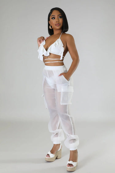 Poolside Days Sheer Cargo Pants – White High-Waisted Organza Style - view 4
