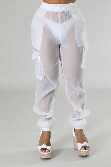 Poolside Days Sheer Cargo Pants – White High-Waisted Organza Style - view 5