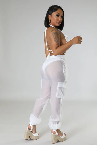 Poolside Days Sheer Cargo Pants – White High-Waisted Organza Style - view 6