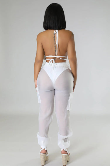 Poolside Days Sheer Cargo Pants – White High-Waisted Organza Style - view 7