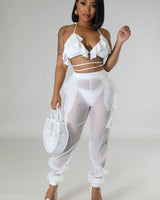 Poolside Days Sheer Cargo Pants – White High-Waisted Organza Style - front view