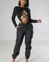 Poolside Days Sheer Cargo Pants – Black High-Waisted Organza Style - front view