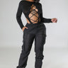 Poolside Days Sheer Cargo Pants – Black High-Waisted Organza Style - front view