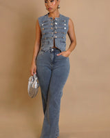 Power Play Denim Pant Set with Structured Vest and High-Waist Pants front view showing complete two piece pant set