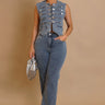 Power Play Denim Pant Set with Structured Vest and High-Waist Pants front view showing complete two piece pant set