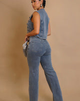 Power Play Denim Pant Set with Structured Vest and High-Waist Pants close up of denim top design and fabric detail