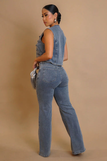 Power Play Denim Pant Set with Structured Vest and High-Waist Pants close up of denim top design and fabric detail
