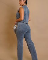 Power Play Pant Set – Denim - Palazzo Couture Online