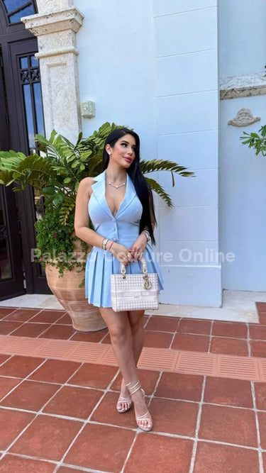 Power Play Pleated Skirt Set (Blue) front view showing complete two piece skirt set