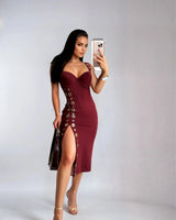 Power Rivet Cutout Midi Dress- Burgundy close up detail of cutout design