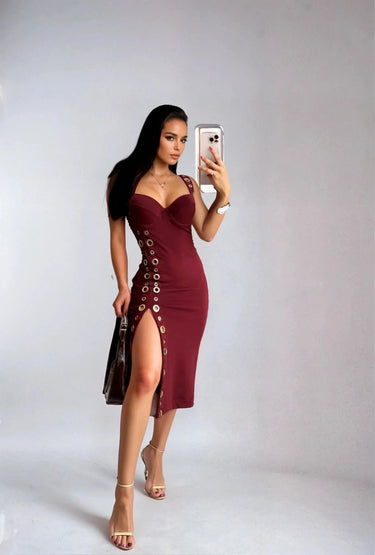 Power Rivet Cutout Midi Dress- Burgundy close up detail of cutout design