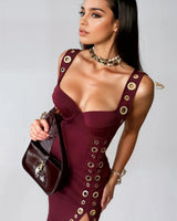 Power Rivet Cutout Midi Dress- Burgundy front view showing full midi length silhouette