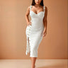 Power Rivet Cutout Midi Dress- White front view showing full midi length silhouette