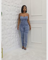 Video of  Denim Hourglass Bustier Jumpsuit