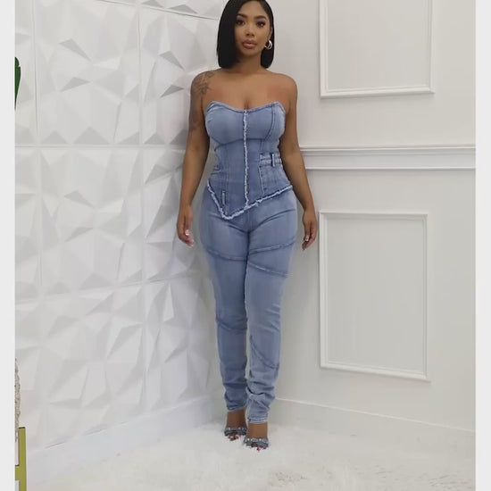 Video of  Denim Hourglass Bustier Jumpsuit