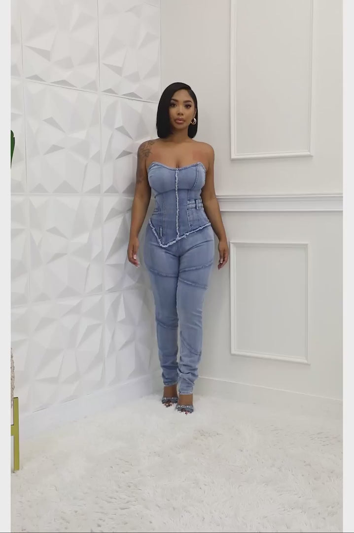 Video of  Denim Hourglass Bustier Jumpsuit