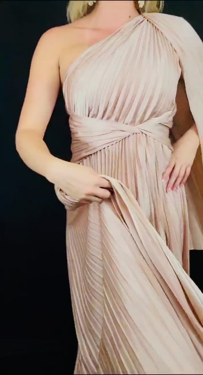 One Shoulder Pleated Maxi Dress (Champagne)