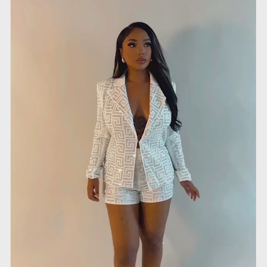 White Sequin Blazer Shorts Set, highlighting the tailored fit and sparkling sequins.