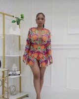 Colorful floral lace Short Set with a deep neckline and long sleeves