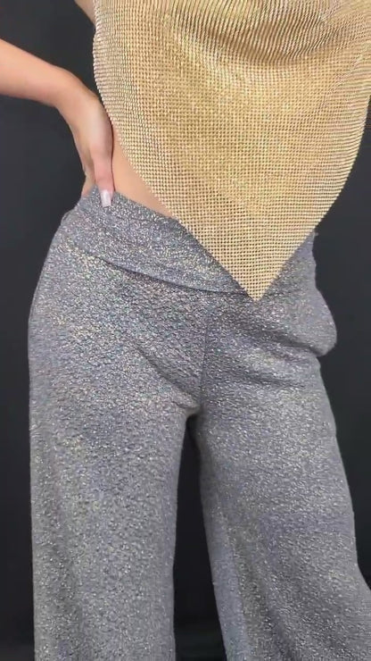 Metallic Rhinestone Backless Cowl Gold Crop Top