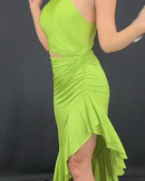 Chic citron evening dress with a one-shoulder neckline, high-low ruffle hem, and draped waist detail.