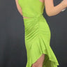 Chic citron evening dress with a one-shoulder neckline, high-low ruffle hem, and draped waist detail.