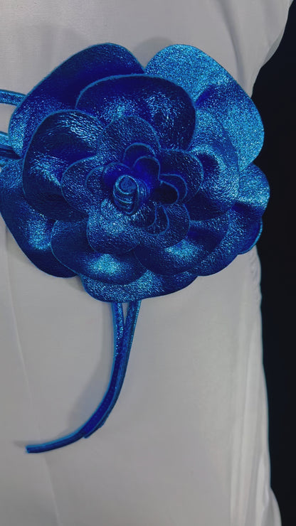 Floral Radiance Convertible Leather Wrap Belt & Choker (Blue)
