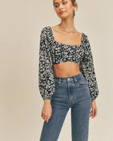 Printed Tie Back Crop Top with Long Sleeves and Smocked Back - women's cropped top