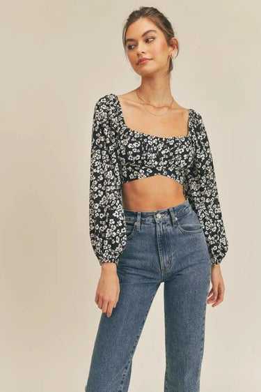 Printed Tie Back Crop Top with Long Sleeves and Smocked Back - women's cropped top