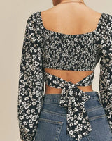 Printed Tie Back Crop Top with Long Sleeves and Smocked Back - trendy women's top