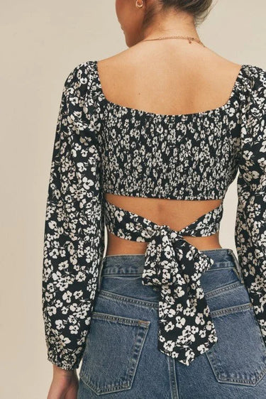 Printed Tie Back Crop Top with Long Sleeves and Smocked Back - trendy women's top